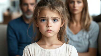 Obraz premium Concerned child amidst parents, conveying emotions of anxiety and uncertainty.