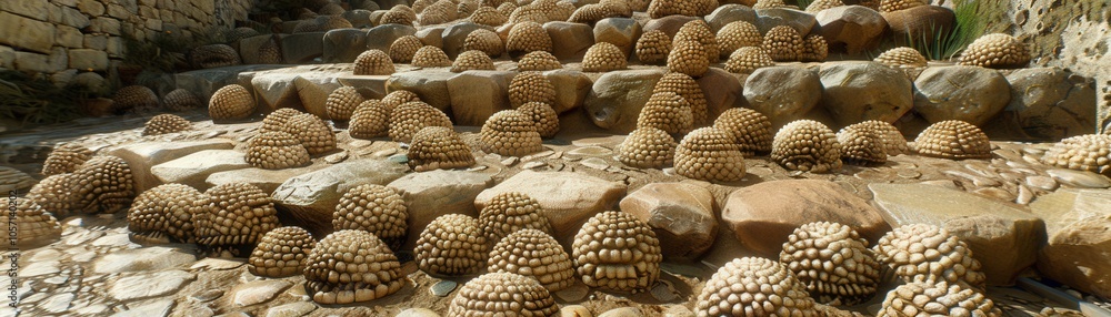 Poster a large pile of small, round objects, possibly rocks or shells