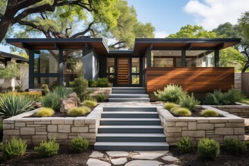 Modern home with landscaped garden and stone pathway.