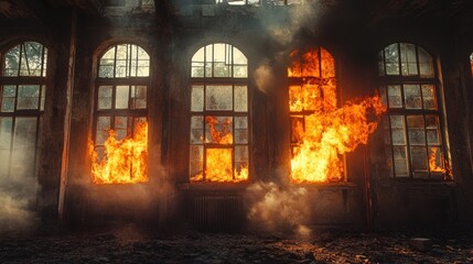 Fototapeta premium A burning building with flames leaping out of the windows.