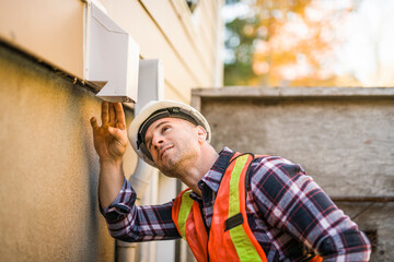 The inspector or engineer is checking the dryer evacuation structure and house. After the renovate...