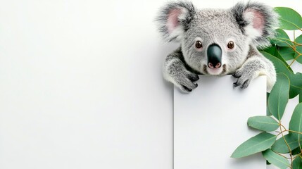Adorable Baby Koala with Fluffy Ears and Eucalyptus Leaf