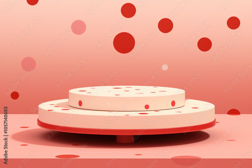 Poster A red circular platform is centered with a background featuring floating red dots, creating a playful and vibrant atmosphere in this abstract composition.