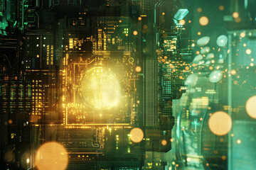 Fototapeta premium A futuristic digital circuit board with glowing green and yellow lights, featuring intricate connections and data flow in a cybernetic landscape 