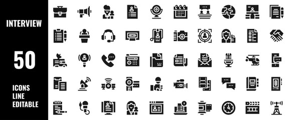 50 Interview Icons Set Pack Line Editable Vector Illustration