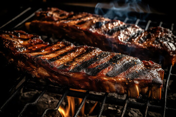 Grilled ribs with barbeque sauce, grey background, copy space, free space for text, AI generated.