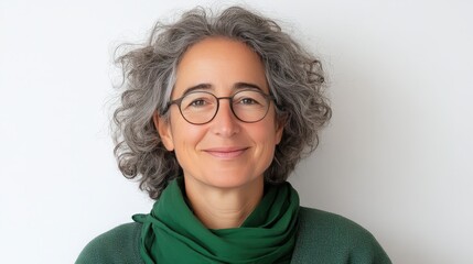 Obraz premium Portrait of a Smiling Senior Woman with Curly Gray Hair and Glasses