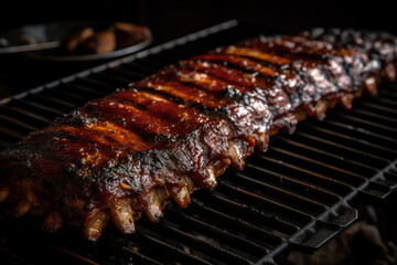 Grilled ribs with barbeque sauce, grey background, copy space, free space for text, AI generated.