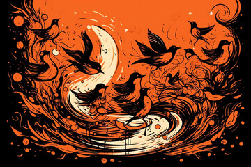 Art abstract orange black and white desktop wallpaper bird on nature, AI generated.