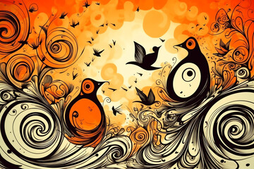 Art abstract orange black and white desktop wallpaper bird on nature, AI generated.