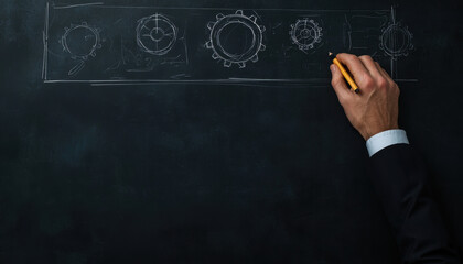 A hand with a pencil draws gears and symbols on a chalkboard, representing creativity, design, and engineering concepts in a professional setting.