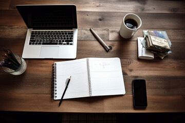beautiful overhead view of a wooden office desk with wood background, AI generated.