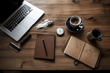 beautiful overhead view of a wooden office desk with wood background, AI generated.