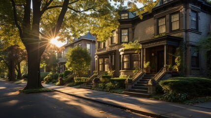 A serene street view of elegant homes bathed in warm sunlight during autumn.