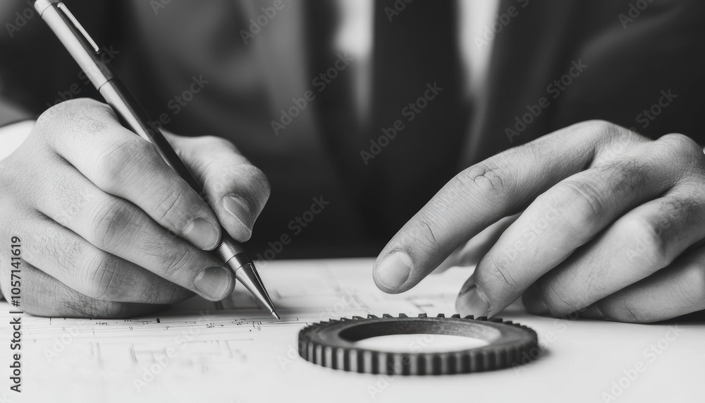 Poster a person is writing with a pen while holding a circular object, suggesting a focus on design or mech