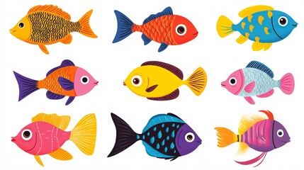 Fototapeta premium Cute cartoon fish swimming, on a white background, flat vector graphic designs, simple lines, cute cartoon fish,