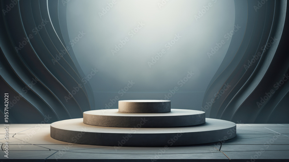 Poster a layered circular platform is set in a spacious abstract environment with a dramatic play of light 