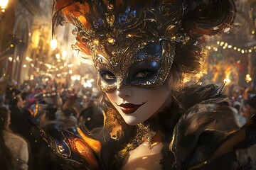 A Masked Figure in a Golden and Black Costume at a Festive Gathering