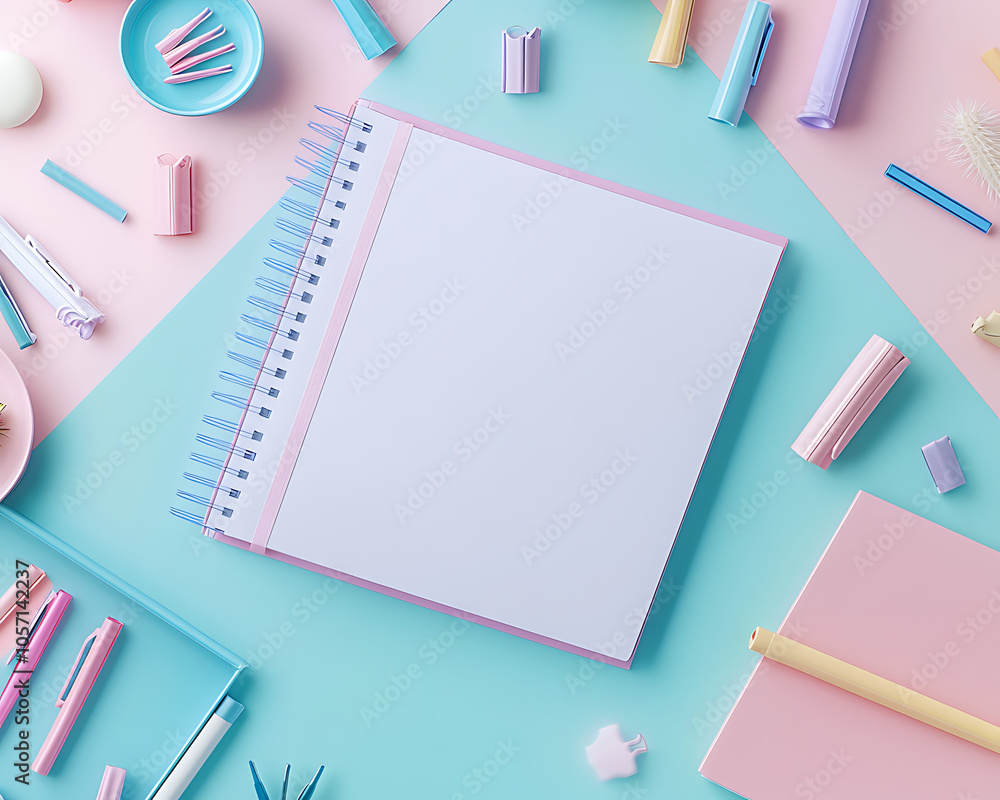 Poster colorful desk setup with open notebook and scattered items