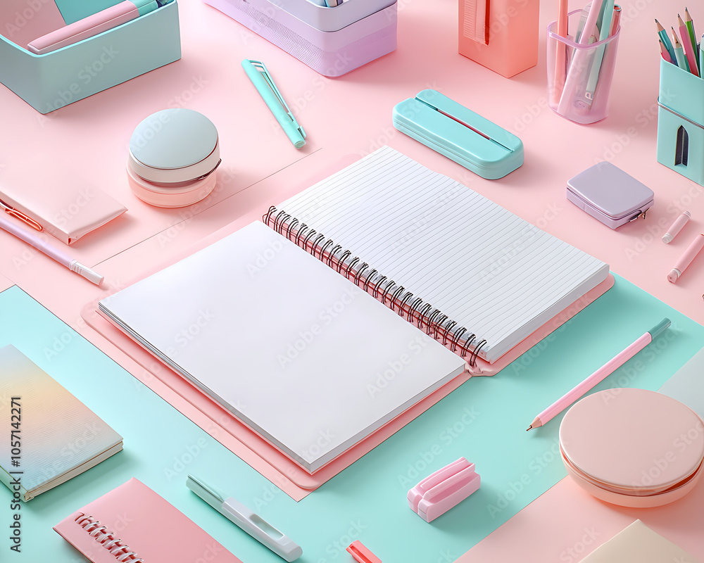 Poster Pastel Desk Setup with Open Notebook and Stationery Items