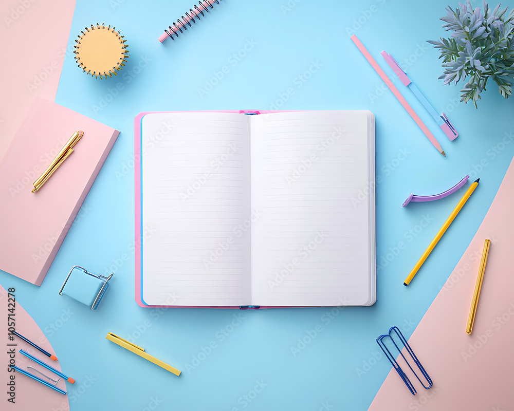 Poster minimalist desk setup with open notebook and stationery