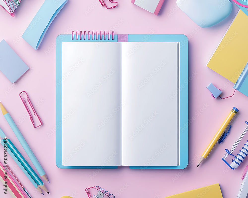Poster open blank notebook on organized desk setup