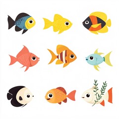 Fototapeta premium Cute cartoon fish swimming, on a white background, flat vector graphic designs, simple lines, cute cartoon fish,