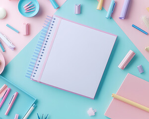 Colorful Desk Setup with Open Notebook and Scattered Items