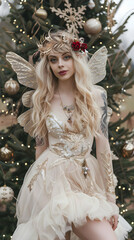 A fairy-themed model poses in front of a decorated Christmas tree.