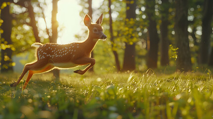 A fawn gracefully leaps through a sunlit forest, capturing the beauty of nature.