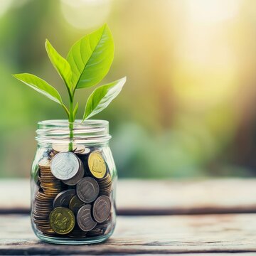 A glass jar filled with coins, featuring a small plant sprouting from the top, symbolizing growth and investment.