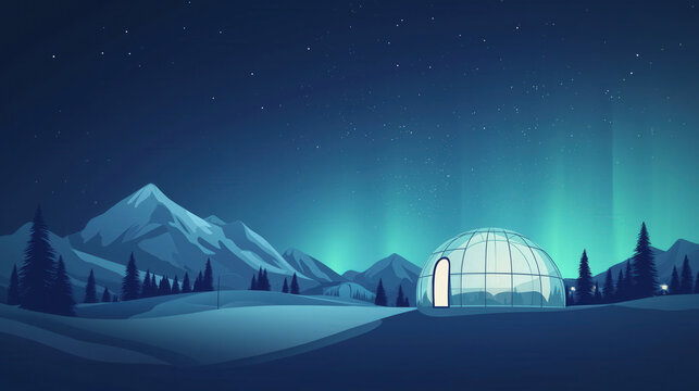 Glass igloos, arctic resort, magnificent aurora, snowy mountains,  perfect winter travel destination, minimalist flat illustration, vector art, travel poster, ultra-high resolution.