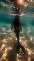 A figure swims gracefully underwater, creating a serene and magical atmosphere.