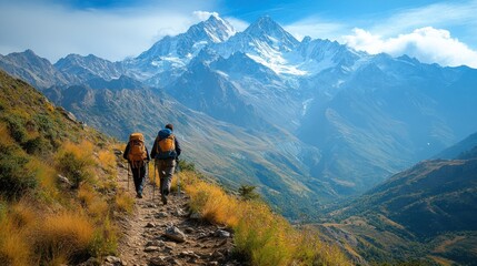 Obraz premium Hikers trekking through a mountainous landscape under a blue sky.