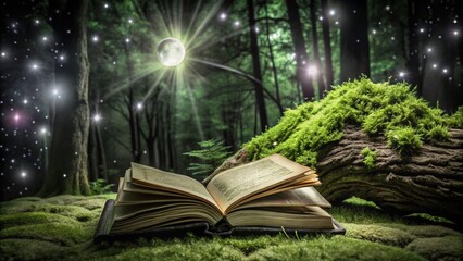 Night Photography of Tree Bark Book Surrounded by Enchanting Forest Landscape and Sparkling Stars