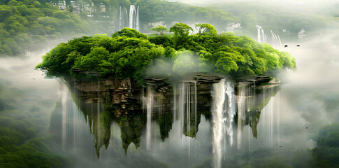 A floating island surrounded by waterfalls and lush greenery in a misty atmosphere.