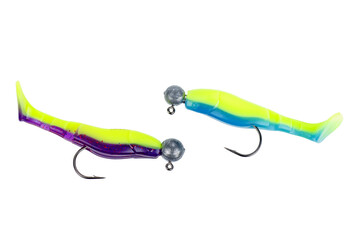 Jig heads with hook for professional spinning fishers isolated on white.Top view