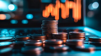 Stacks of coins with financial chart in the background