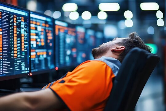 A tired trader leans back in a chair, surrounded by multiple computer screens displaying colorful financial data.