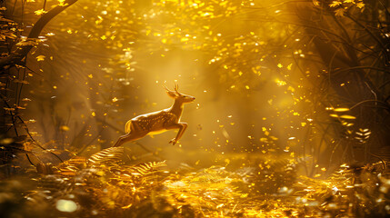 A deer leaps through a sunlit forest filled with golden leaves and soft, glowing light.