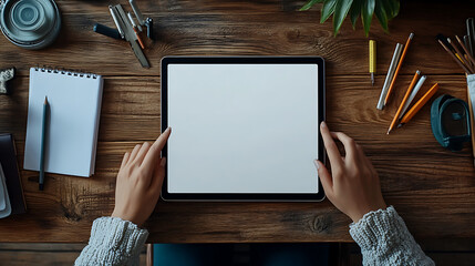 Top View of Person Using Blank Screen Tablet