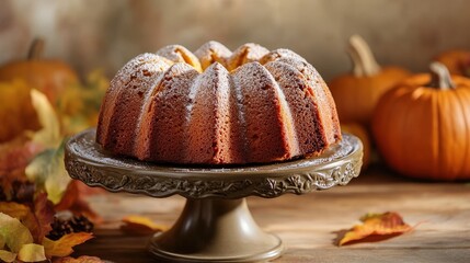 A beautifully baked pumpkin bundt cake, dusted with powdered sugar, sits elegantly on a vintage pedestal surrounded by autumn leaves and pumpkins.