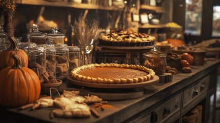 Fototapeta premium A cozy autumn scene featuring delectable pies, pumpkins, and rustic decor, evoking a warm, inviting atmosphere for seasonal gatherings.