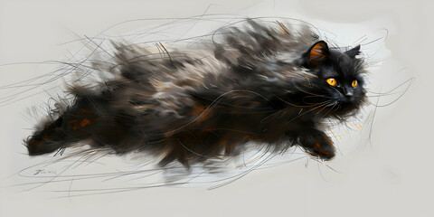 A dynamic, artistic representation of a black cat with vibrant yellow eyes in motion.