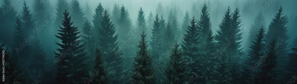 Poster a forest with trees that are wet and covered in mist