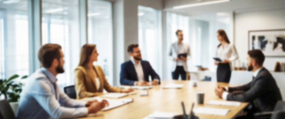 Blurred background of a startup team pitching their innovative product to investors, bussiness and meeting