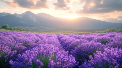 Fototapeta premium A scenic view of a lavender field at sunset with mountains in the background.
