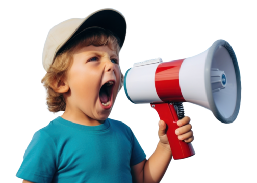 PNG Kid screaming to megaphone shouting child binoculars.