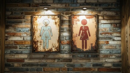 Vintage Bathroom Signs on Brick Wall