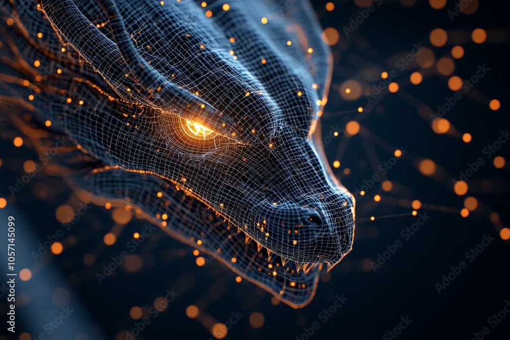Poster a digital dragon depicted with a glowing network mesh, representing strength and technology, intertw